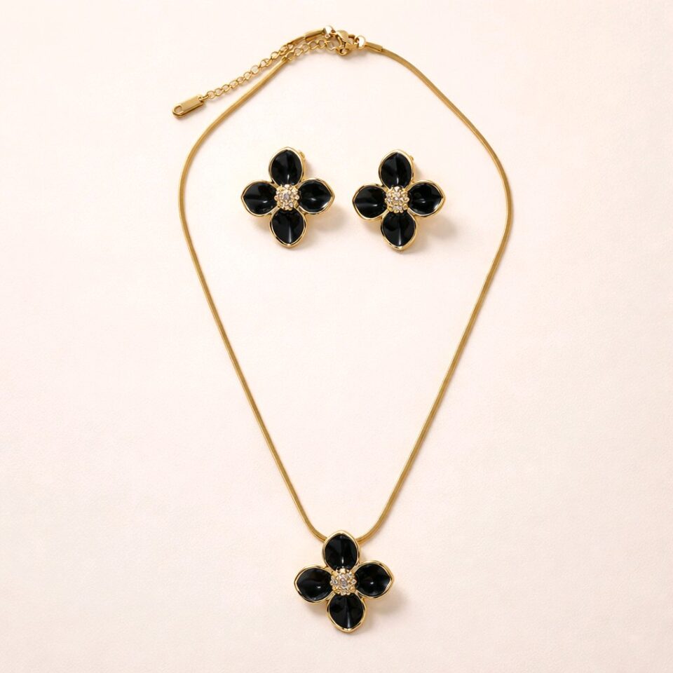 Set collar + aretes flor negro